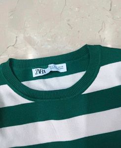 Green &amp; White Striped Cropped Sweater