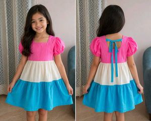 Girls Pink, Cream & Blue Tiered Dress