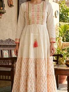 White Embroidery Anarkali dress with Tassels