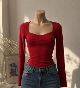 Red Square Neck Ribbed Long Sleeve Top