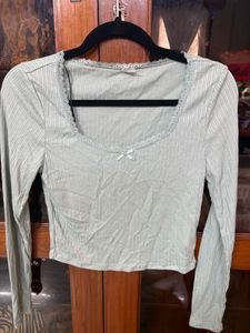 Mint Green Ribbed Crop Top with Lace Detail