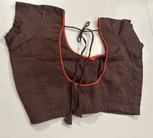 Brown V-Neck Blouse with Orange Trim