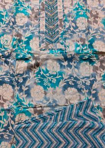 `Teal Blue Floral Cotton 3pc  dress material,Suit