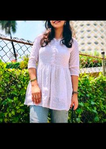 White Chikan Georgette Tunic Top