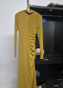 H&amp;M - Mustard Ruched Long Sleeve Dress