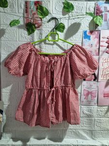 Red Gingham Puff Sleeve Top
