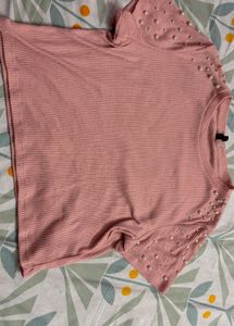 Pink Ribbed Pearl Embellished Top