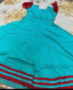 zari work Teal Embroidered Anarkali Gown