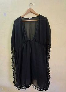 Sheer Black Cover-up kaftan with Pom-Poms