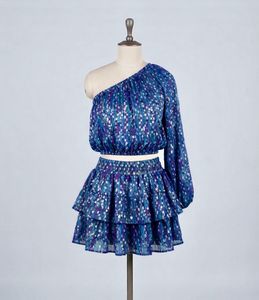 Blue Printed One-Shoulder Top & Skirt Set
