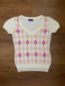 Authentic Burberry Pink Argyle V-Neck Sweater Top