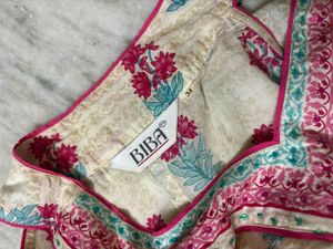 Biba Beige Floral Print Sleeveless Kurta