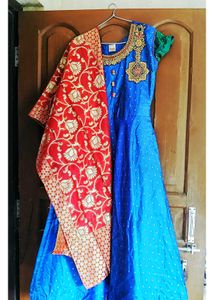 Blue ethenic gown with Red Dupatta