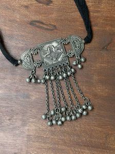 Ethnic brass mixed black oxidised silver necklace