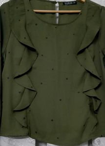Chic Olive Green Star Print Ruffle Blouse