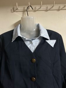 Women's Navy Cropped Blazer with Striped Shirt Col