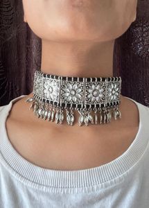 Oxidized Silver Choker Necklace &amp; Earrings Set