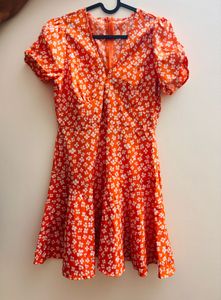 Charming Orange Floral Print Mini Dress