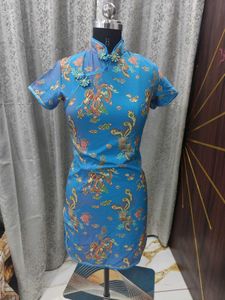 Blue Dragon Print Cheongsam Dress