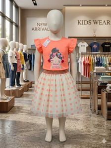 Cute Girls Orange T-Shirt and Polka Dot Skirt Set