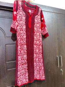 Chikankari Red Kurti With White Threadwork