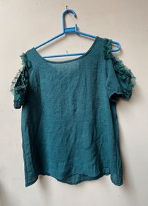 Teal Ruffle Cold Shoulder Cut Top