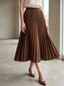 Elegant Brown Pleated Midi Skirt