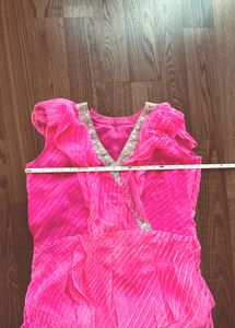 Vibrant leheriya pink dress with Embellished Neckl