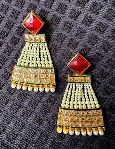Red Stone & Pearl Drop Earrings