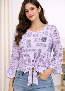 Newspaper Print Tie-Front Bell Sleeve Top (pink)
