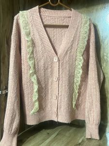 Pink Knit Cardigan with Lace Detail