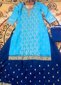 Elegant Sky Blue Embroidered kurti and lehenga set