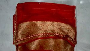 Elegant Red organza zari bordered Saree