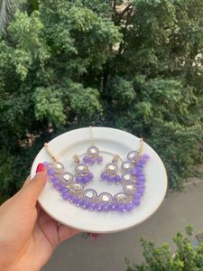 Purple Kundan Necklace Set with Maangtika