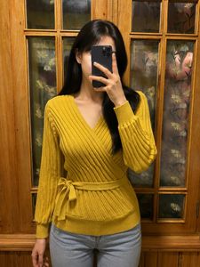 Chic Yellow Wrap Knit Sweater