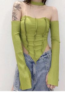 Lime Green Ribbed Cutout Top with Sleeves