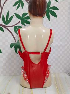 (725)Red Heart Lace Lingerie Bodysuit