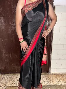 Elegant Black butter crepe Saree with Red Border