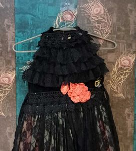 Girls Black &amp; Peach Layered Lace Party Gown
