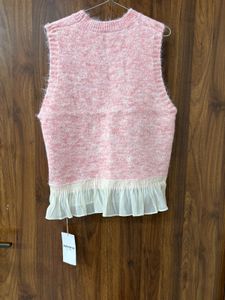 savana Pink Knit Vest with Ruffle Trim