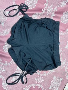 Black Ruched Mini Skirt with Tie Detail