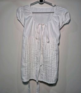White Pleated Tie-Neck Bow Blouse
