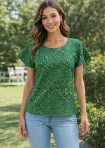 Green Polka Dot Flutter Sleeve Top