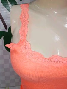 (953)Orange Lace Trim Tank Top