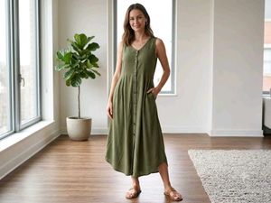 Sleeveless V-Neck Button-Front Midi Dress