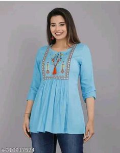 Stylish Blue Embroidered Kurti_L