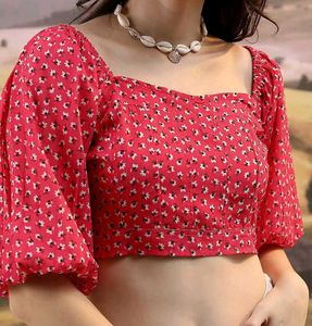 Red Floral Puff Sleeve Crop Top
