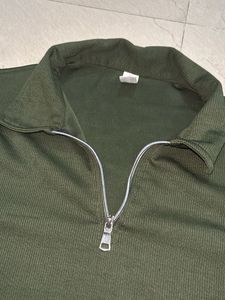 Green Ribbed Zip Neck Top