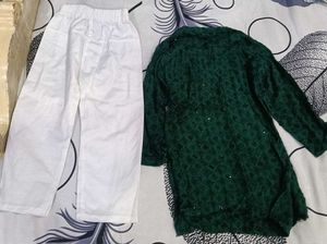 Elegant Green Kurta Set with White Pajamas