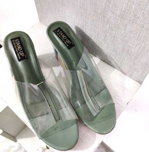 Green 💚 Block Heel Slides, Clear Straps,